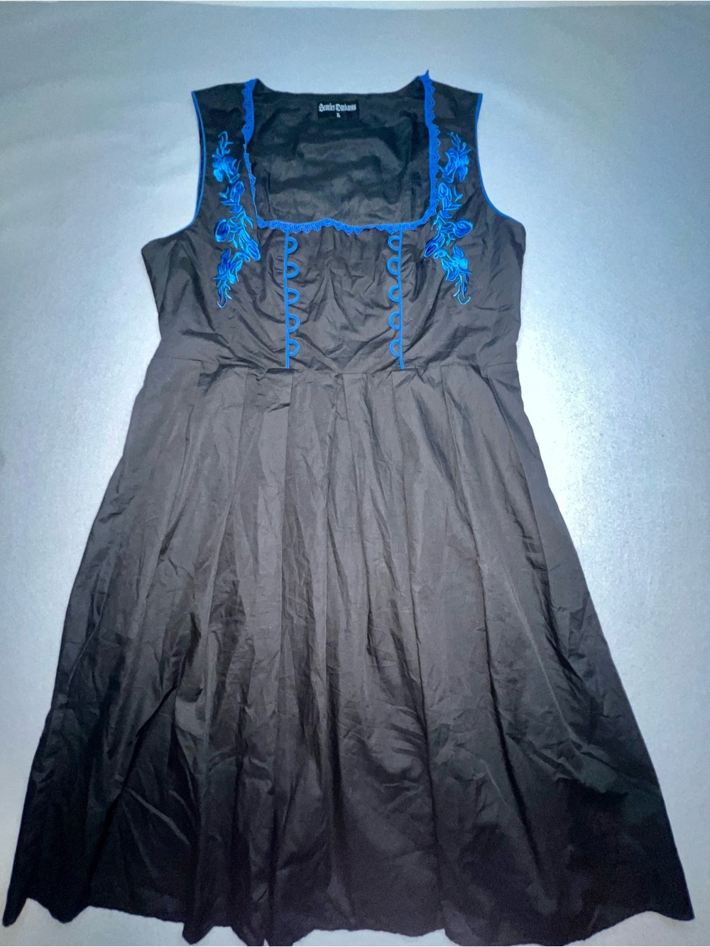 Scarlet Darkness Dirndl Midi Dress Black Blue Floral Embroidery Size XL